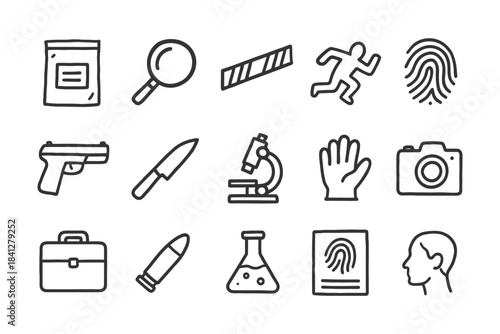 Set of detective and forensic science icons with magnifying glass and fingerprint illustrations.