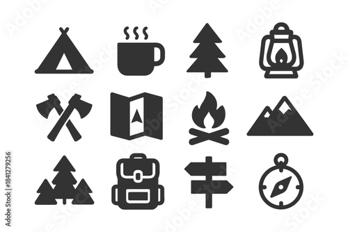 Camping adventure icons: tent, compass, fire, backpack, map, lantern, axes, trees, mountains.