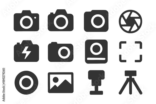 Collection of camera icons: photography, lens, shutter, tripod, flash.