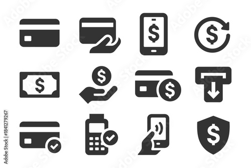 Black icons of payment methods and transactions.