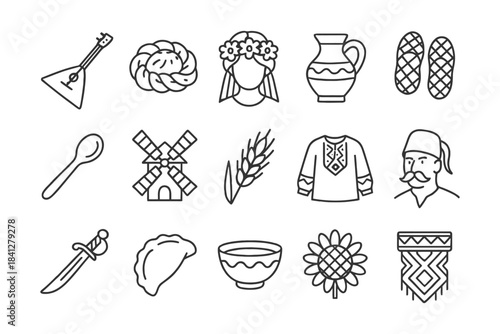 Traditional slavic cultural icons collection including clothing, instruments, and food.