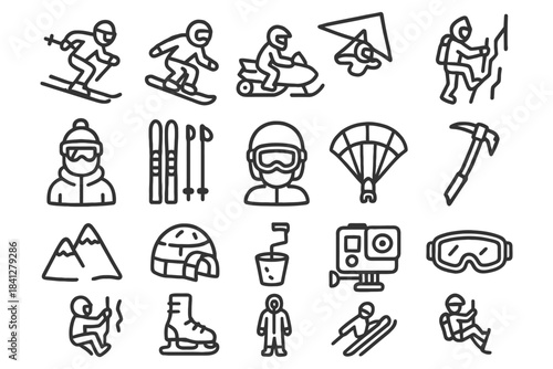 Winter sports icons set: skiing, snowboarding, climbing, paragliding, and more.