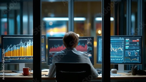 Business Analysis & Market Trends: An individual intently reviews complex financial data and stock market trends on multiple monitors within an office environment.