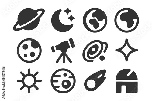 Astronomy icons: planets, telescope, moon, stars, comet, observatory symbols.