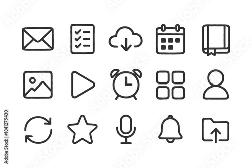 Hand-drawn icon set for digital applications.