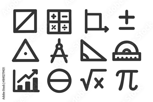 Mathematical symbols collection: geometry, calculations, and graphs illustration icons.