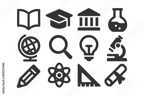 Educational icons set: book, graduation cap, globe, and more.