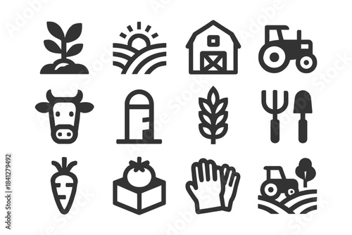 Agriculture icons set: farming elements including tractor, barn, and plants.