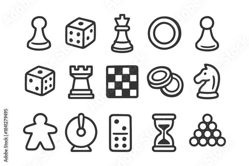 Icons of board game pieces: chess, dice, checkers, domino, and more.