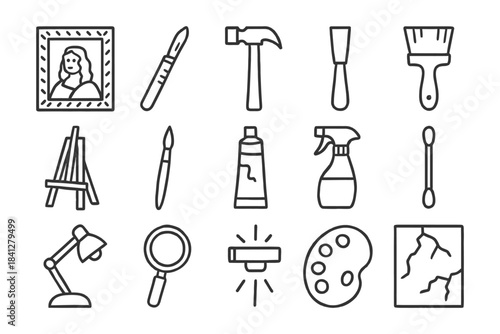 Art and craft tools: brush, palette, easel, paint, hammer, and more icons.