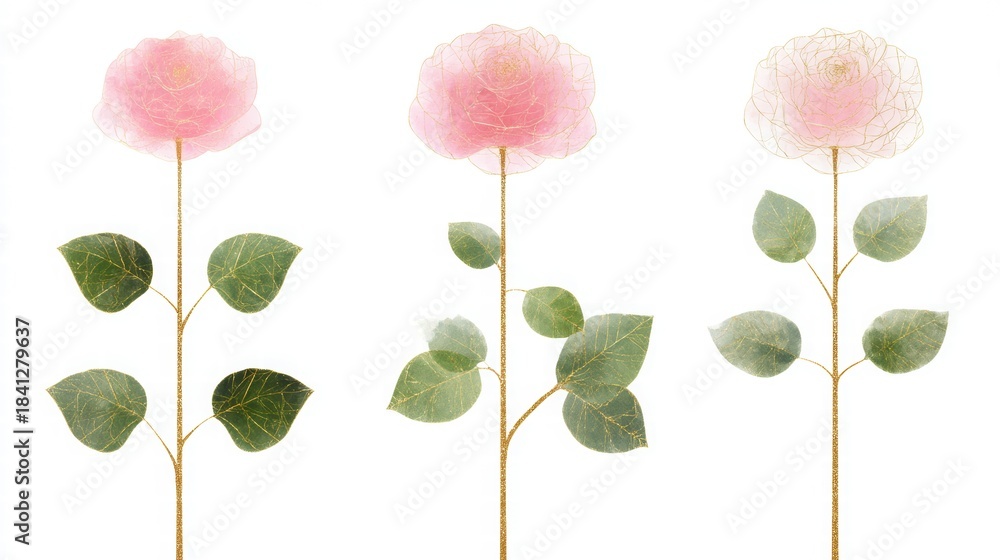 Obraz premium Elegant Floral Illustrations with Pink Blossoms and Green Leaves