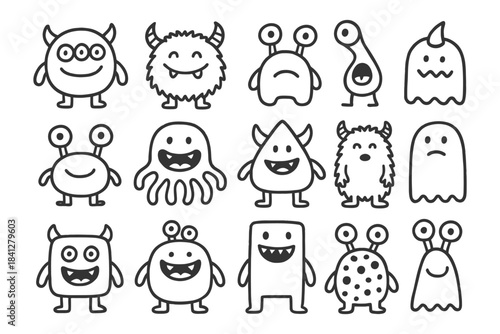 Collection of cute cartoon monsters with various features and expressions.