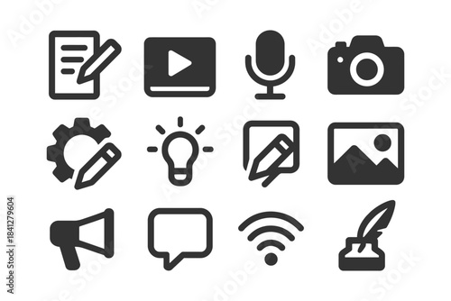 Media and creative icons with camera, microphone, video, and tools.
