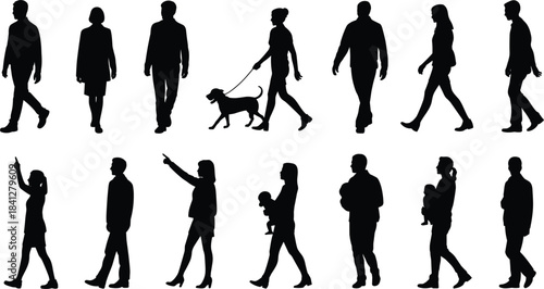 Black Silhouettes of People Walking and Interacting with a Dog and Baby Keywords: silhouette, people, walking, man, woman, child