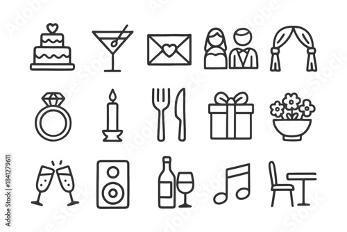 Wedding celebration icons: cake, rings, gifts, and more.