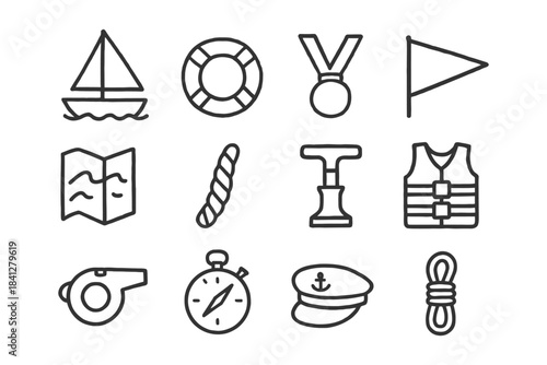 Nautical symbols collection: sailboat, lifebuoy, medal, flag, map, vest, whistle, stopwatch.