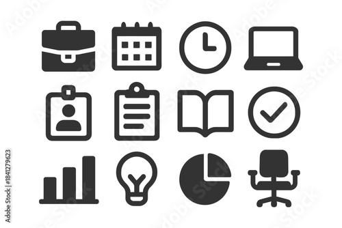 Office icons set with briefcase, calendar, clock, laptop, id badge, and more.