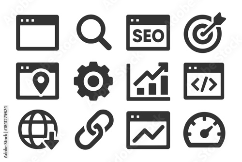 Seo and digital marketing icons set with browser, target, link, chart, gear, and globe.