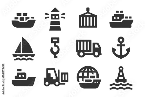 Nautical and shipping icons collection: ships, lighthouse, cargo, anchor, globe.