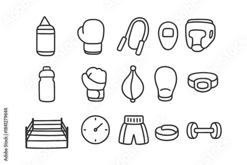 Boxing equipment icons: gloves, rings, punching bag, stopwatch, dumbbells, head guard.