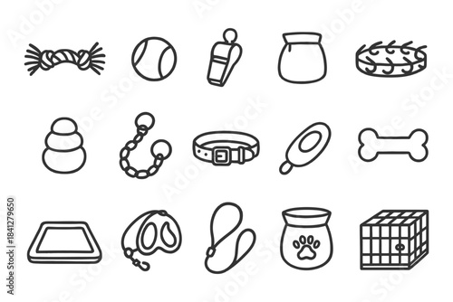 Pet accessories outline set: toys, leashes, collars, bowls, crate, whistle.