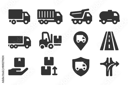Logistics and transportation icons set: trucks, forklift, delivery, road, navigation.