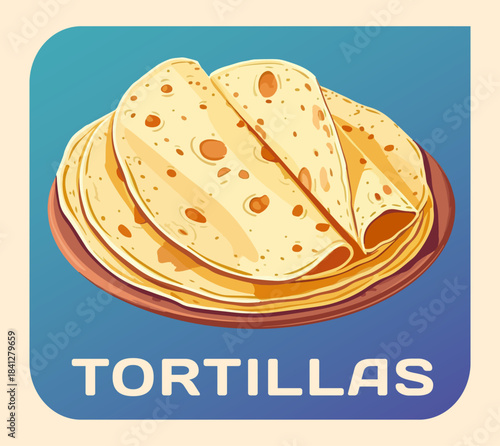 Vector illustration of a stack of delicious-looking flour tortillas, a traditional staple in many cuisines. Golden-brown flatbreads made from wheat flour and are perfect for wraps, tacos, burritos