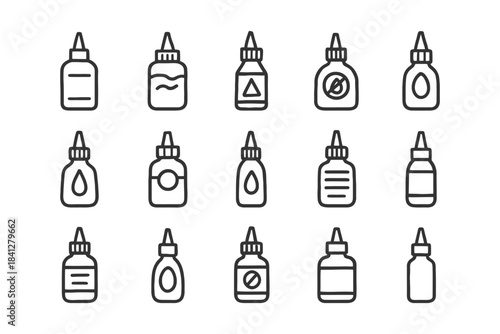 Collection of minimalist glue bottle icons in black and white.