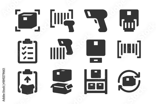 Warehouse logistics icons: barcodes, scanners, packages, inventory, shipping symbols.