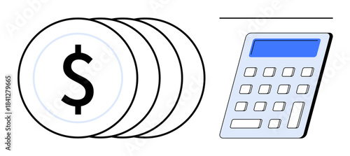 Financial planning, account management, money calculations, budgeting, cost estimation, economic analysis. A group of dollar coins alongside a calculator. Financial planning and account management