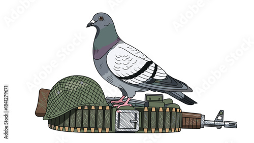 Illustration of a pigeon standing on a military ammunition belt with a helmet and gun, symbolizing war and peace concept