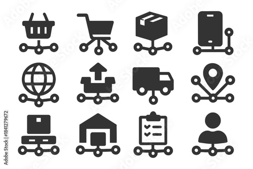 E-commerce logistics icons: shopping cart, package, delivery, tracking, internet.