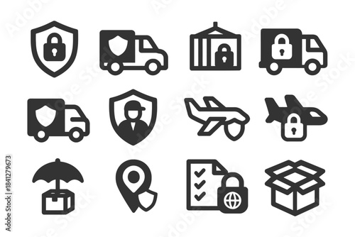 Security and protection icons set with transportation and travel elements.