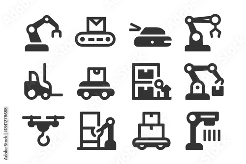 Industrial automation icons: robotics, conveyor, drone, warehouse logistics.