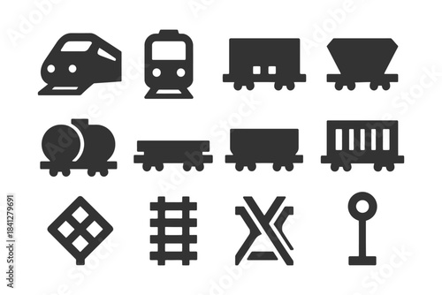 Various train icons: locomotives, freight cars, and railway symbols.