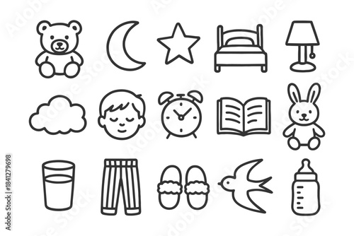 Outline icons: teddy bear, moon, star, bed, lamp, cloud, child, alarm, book, rabbit, glass, pajamas, slippers, bird, bottle.