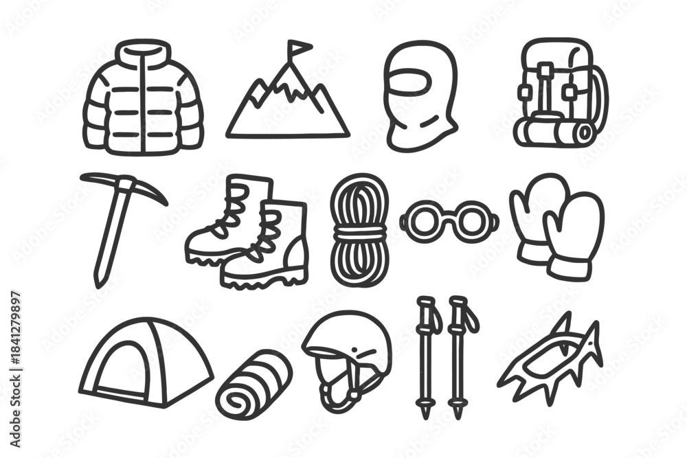Fototapeta premium Collection of outdoor adventure and mountain climbing gear icons.