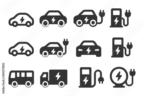 Electric vehicle and charging station icons: cars, trucks, and buses.