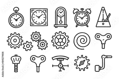 Clockwork geared designs with vintage clocks and mechanical keys.
