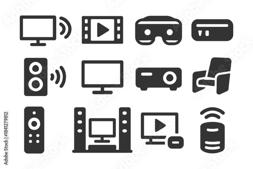 Home theater icons set: tv, remote, speakers, projector, streaming, media.