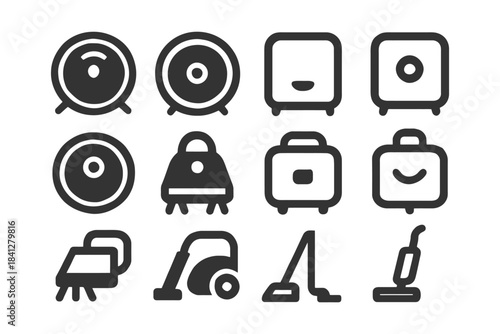 Set of minimalist robotic vacuum and cleaning equipment icons in black and white.