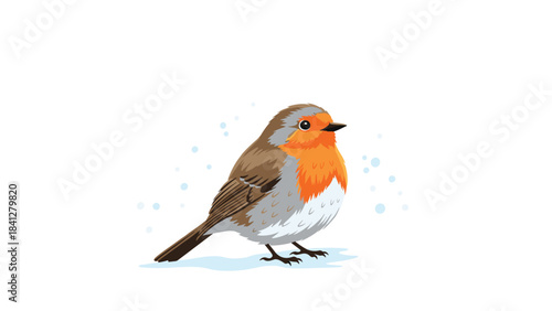 A vibrant robin standing on snowy ground with snowflakes around it isolated on white background