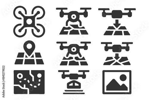 Drone map navigation icons set featuring gps and aerial technology illustrations.