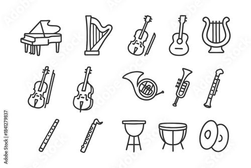 Simple line drawings of various musical instruments.