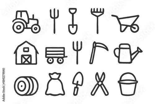 Hand-drawn farm tools and equipment doodles collection.