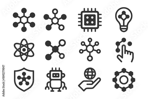 Set of technology and science icons featuring molecules and circuits.
