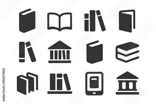 Collection of book and library icons including e-reader symbols.