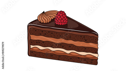 A delicious slice of chocolate cake with cream filling and topped with a raspberry and hazelnut on a white background