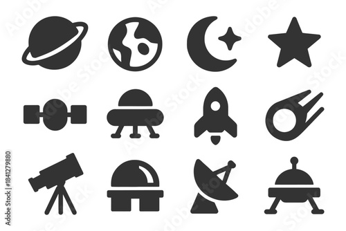 Set of space icons: planets, moon, star, satellite, ufo, rocket, comet, telescope.