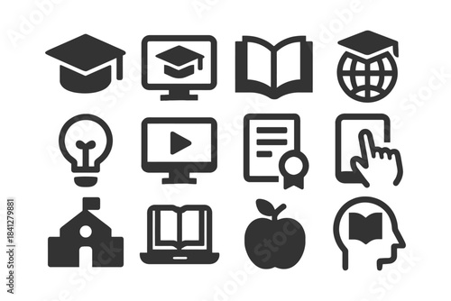 Icons of online education: graduation cap, computer, diploma, book, school, apple.